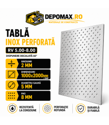 Tabla inox perforata AISI 304 RV 5.00-8.00, 2 x 1000 x 2000 mm, 2 mp Tabla inox perforata AISI 304 RV 5.00-8.00, 2 x 1000 x 2000 mm, 2 mp